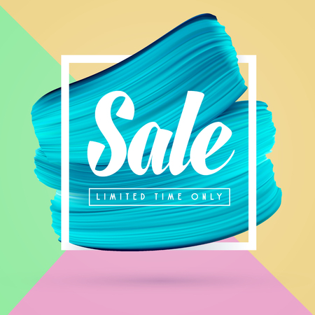 Blue paint brush background and sale in frame isolated on bright colors. Vector abstract promo banner for shop in social media.のイラスト素材