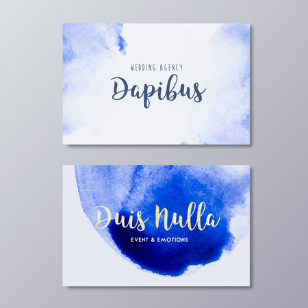 Premade wedding photography business card art design vector templates. Hand drawn abstract blue watercolor spot texture and fashion branding identity.のイラスト素材