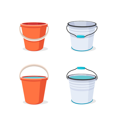 Buckets set. Flat vector illustration. Bucket empty and with water.のイラスト素材
