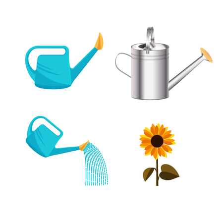 Garden watering plastic and metallic can isolated on white background, water plants. Flat Vector clipartのイラスト素材