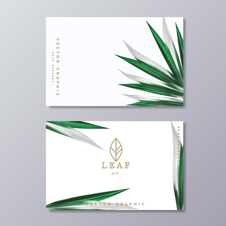 Green botany business card template with tropical lush foliage on white background and line art leafのイラスト素材