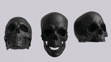 Black Skull set front view without jaw and with open jaw isolated 3d renderingの写真素材