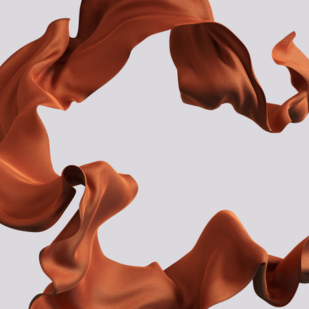 Flying fabric design element abstract frame, floating piece of cloth cinnamon color. 3d rendering sienna smooth circle around flowing scarf fashion bannerの写真素材