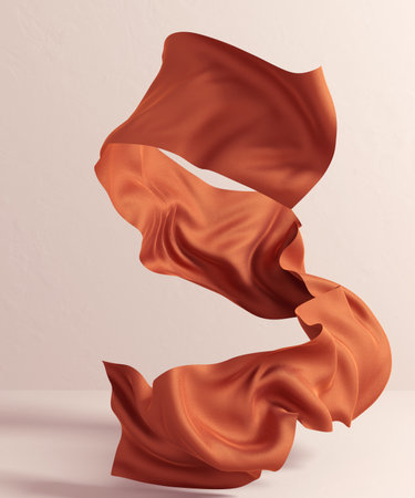 Flying fabric design element in empty room, floating piece of cloth cinnamon color. 3d rendering sienna smooth spiral flowing scarf fashion bannerの写真素材