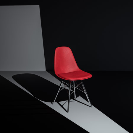 Red empty chair on dark background, Job opportunity. Career consultant and recruiting concept. 3d rendering.の写真素材