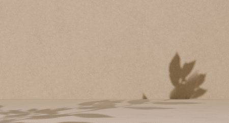 Beige foliage leaves shadow overlay background, empty room sunlight effect tree branch texture 3d...