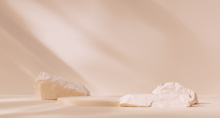 Premium natural product presentation beige background with stones and geometric platform 3d rendering.の写真素材