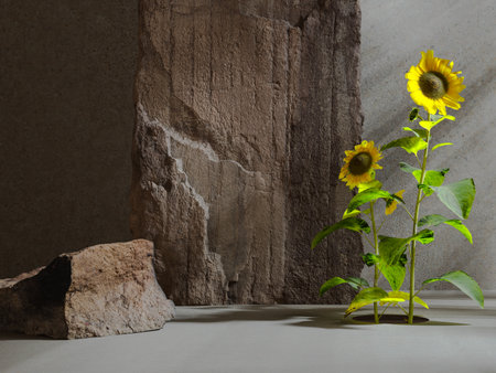 Rustic background with stones and plants in sun rays, product presentation template, 3d renderingの写真素材