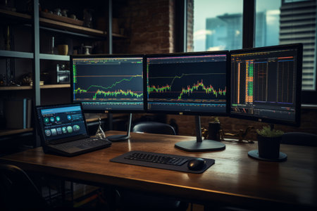 Desk with three monitors and laptop on it, and keyboard and mouse. Generative AI.の素材