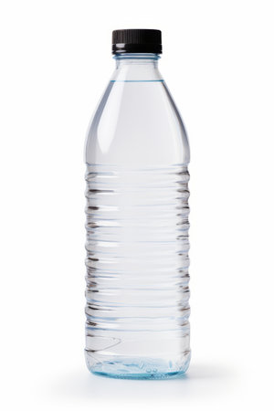 Bottle of water on white background with reflection of the bottle. Generative AI.の素材