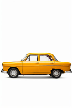 Yellow car is shown in white background with shadow. Generative AI.の素材