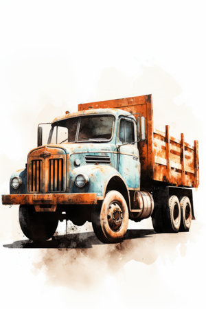 Watercolor painting of rusty dump truck with white background. Generative AI.の素材