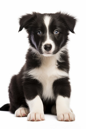 Black and white puppy sitting down with its paws crossed and eyes wide open. Generative AI.の素材