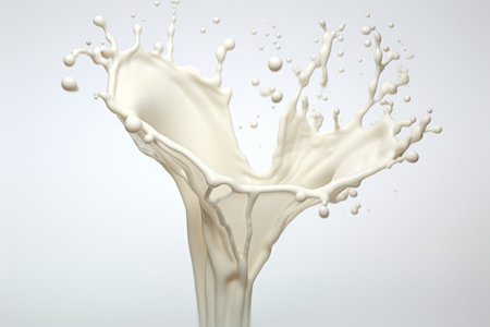 Milk splash is in the air with white background and white background. Generative AI.の素材