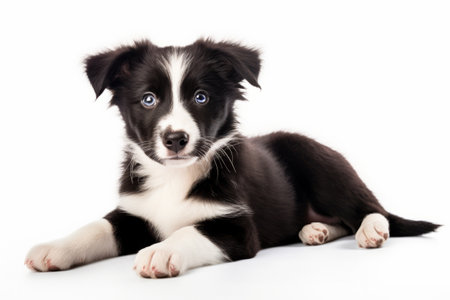 Black and white puppy laying down on white floor with blue eyes. Generative AI.の素材