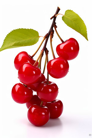 Bunch of cherries hanging from branch with leaves on it. Generative AI.の素材