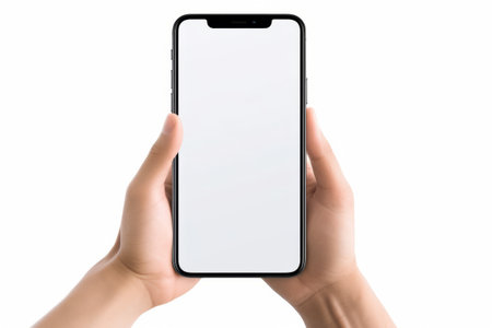 Person holding phone in their hand with white screen. Generative AI.の素材