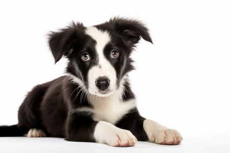 Black and white dog laying down on white surface with his paws on the ground. Generative AI.の素材
