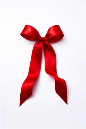 Red ribbon tied to white background with bow on it. Generative AI.の素材