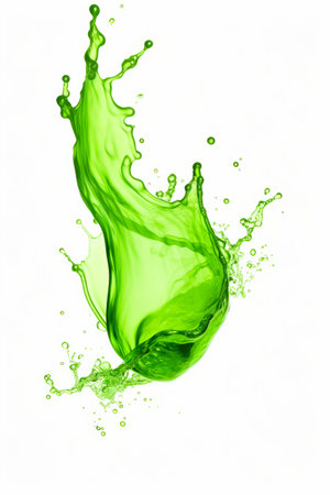 Green liquid splashing into the air on white background. Generative AI.の素材