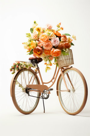 Bicycle with basket of flowers on the front wheel and basket of flowers on the back wheel. Generative AI.の素材