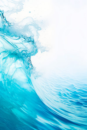 Blue wave is in the water with white background and white sky. Generative AI.の素材