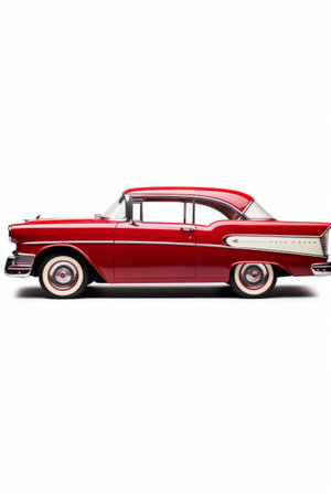 Red and white car is shown in this image, it is classic car. Generative AI.の素材