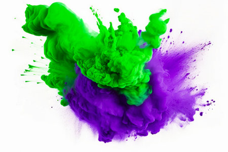 Green and purple substance is in the air with white background. Generative AI.の素材