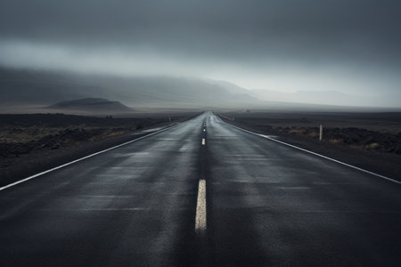 Long empty road with dark sky in the background and few clouds. Generative AI.の素材