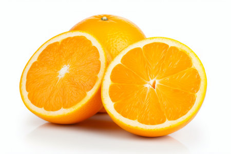 Couple of oranges cut in half on white surface. Generative AI.の素材