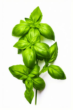 Bunch of green leaves on white surface with white background. Generative AI.の素材