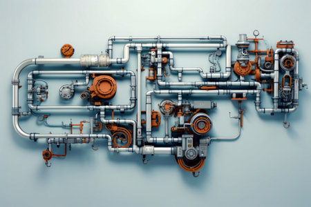 Group of pipes and valves on blue background with white background. Generative AI.の素材