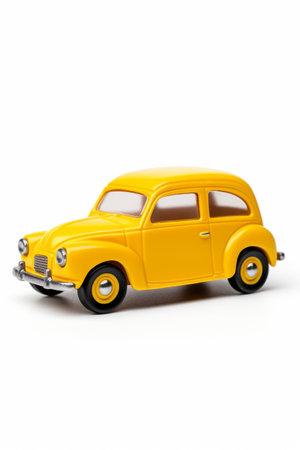 Yellow toy car on white background with white background. Generative AI.の素材