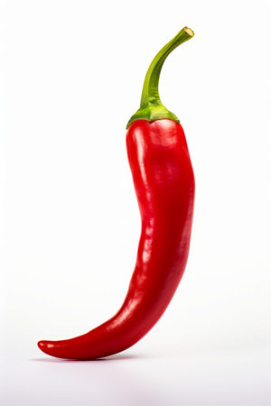 Red pepper with green stem on white background with reflection. Generative AI.の素材