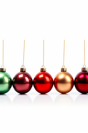 Row of shiny christmas ornaments hanging from line of gold and red ornaments. Generative AI.の素材