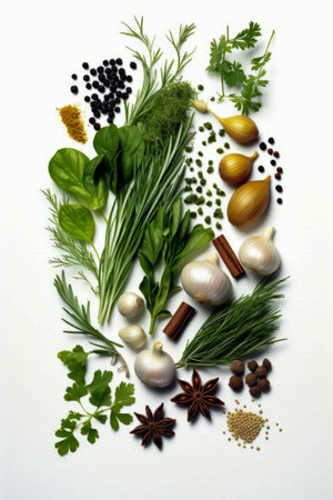 Variety of herbs and spices on white surface with white background. Generative AI.の素材