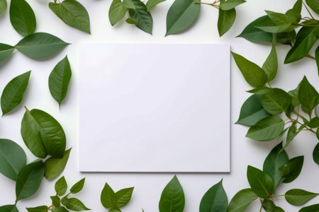 White square with green leaves surrounding it on white background. Generative AI.の素材
