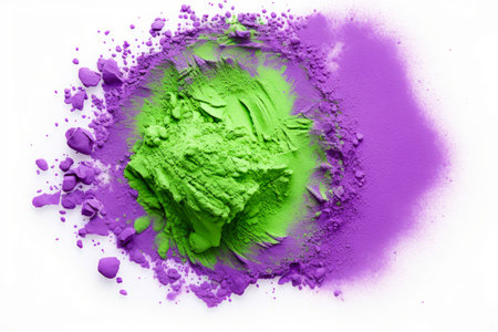 Purple and green powdered substance on white background with green spot. Generative AI.の素材