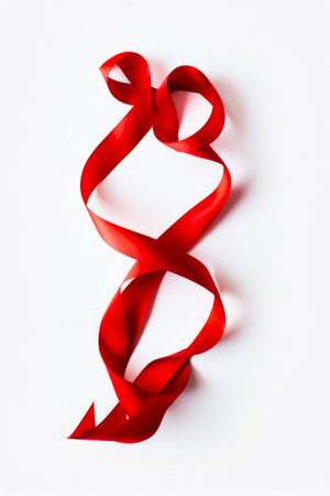Red ribbon is hanging on white wall with white background. Generative AI.の素材
