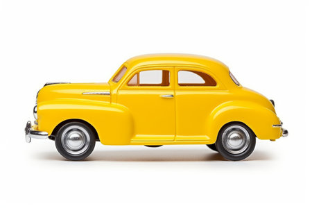Yellow toy car on white background with white background. Generative AI.の素材