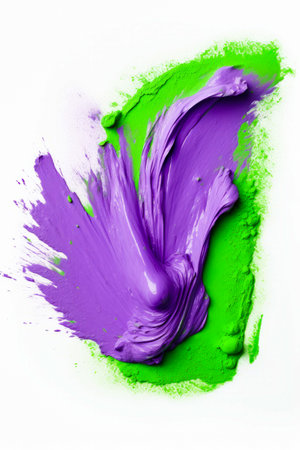 Purple and green paint swirls on white background with green area. Generative AI.の素材