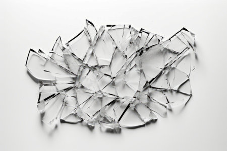 Broken glass object on white surface with white background. Generative AI.の素材