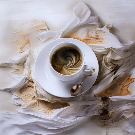 Cup of coffee with spoon on saucer on white cloth. Generative AI.の素材