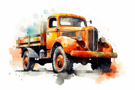 Watercolor painting of old truck with rusted paint. Generative AI.の素材