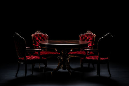Table with red chairs and black background with black background. Generative AI.の素材