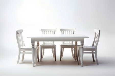 White table and chairs with white background and white wall. Generative AI.の素材