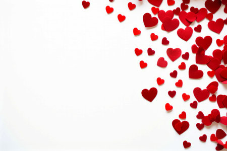 White background with red hearts falling from the top of it. Generative AI.の素材