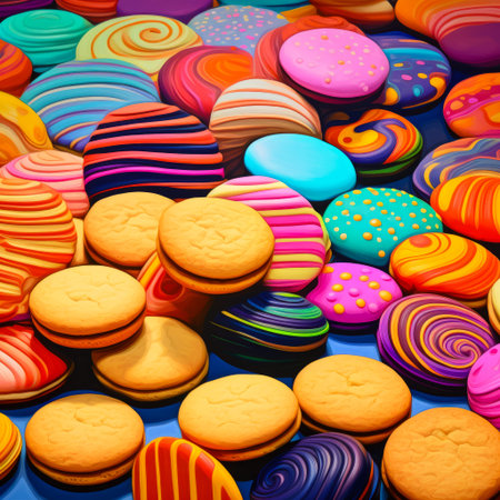Pile of colorful cookies sitting on top of blue table. Generative AI.の素材
