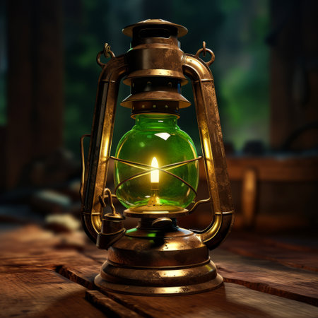 Green lantern with candle inside of it on table. Generative AI.の素材