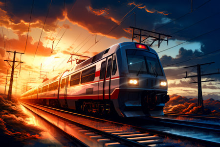 Train traveling down train tracks at sunset with clouds in the background. Generative AI.の素材
